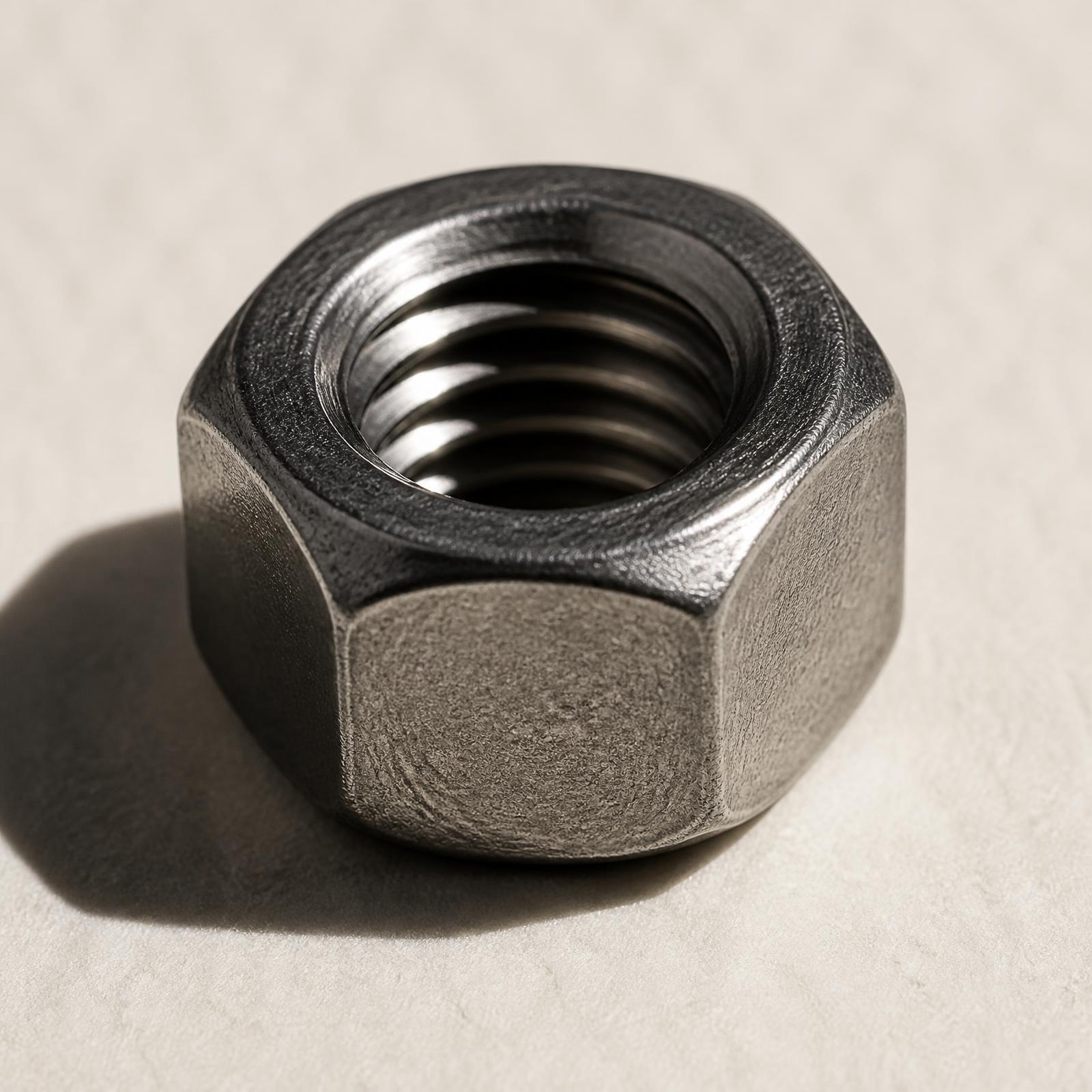 Macro photograph of a single steel hex nut on paper