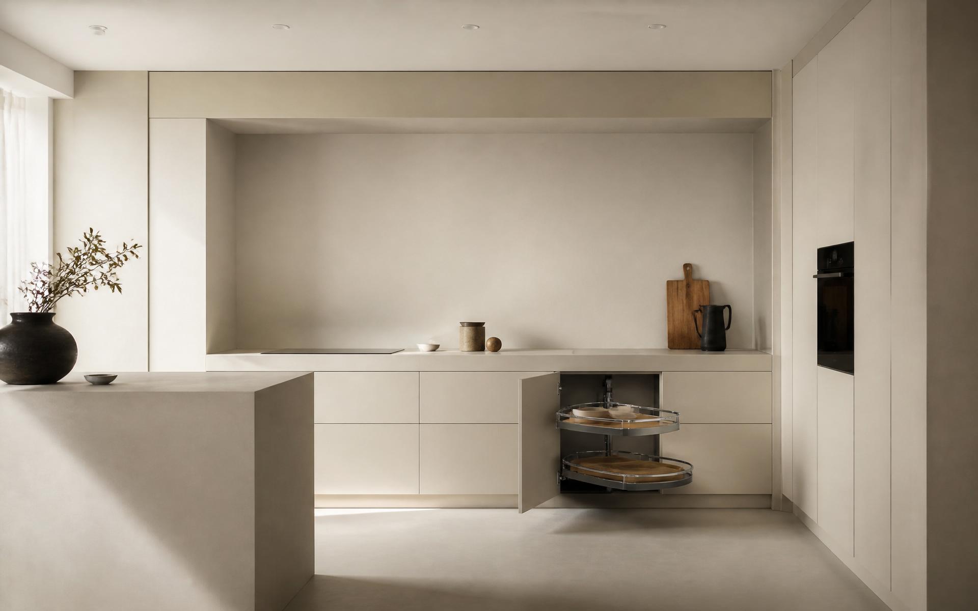 Modern minimalist kitchen featuring a magic corner mechanism