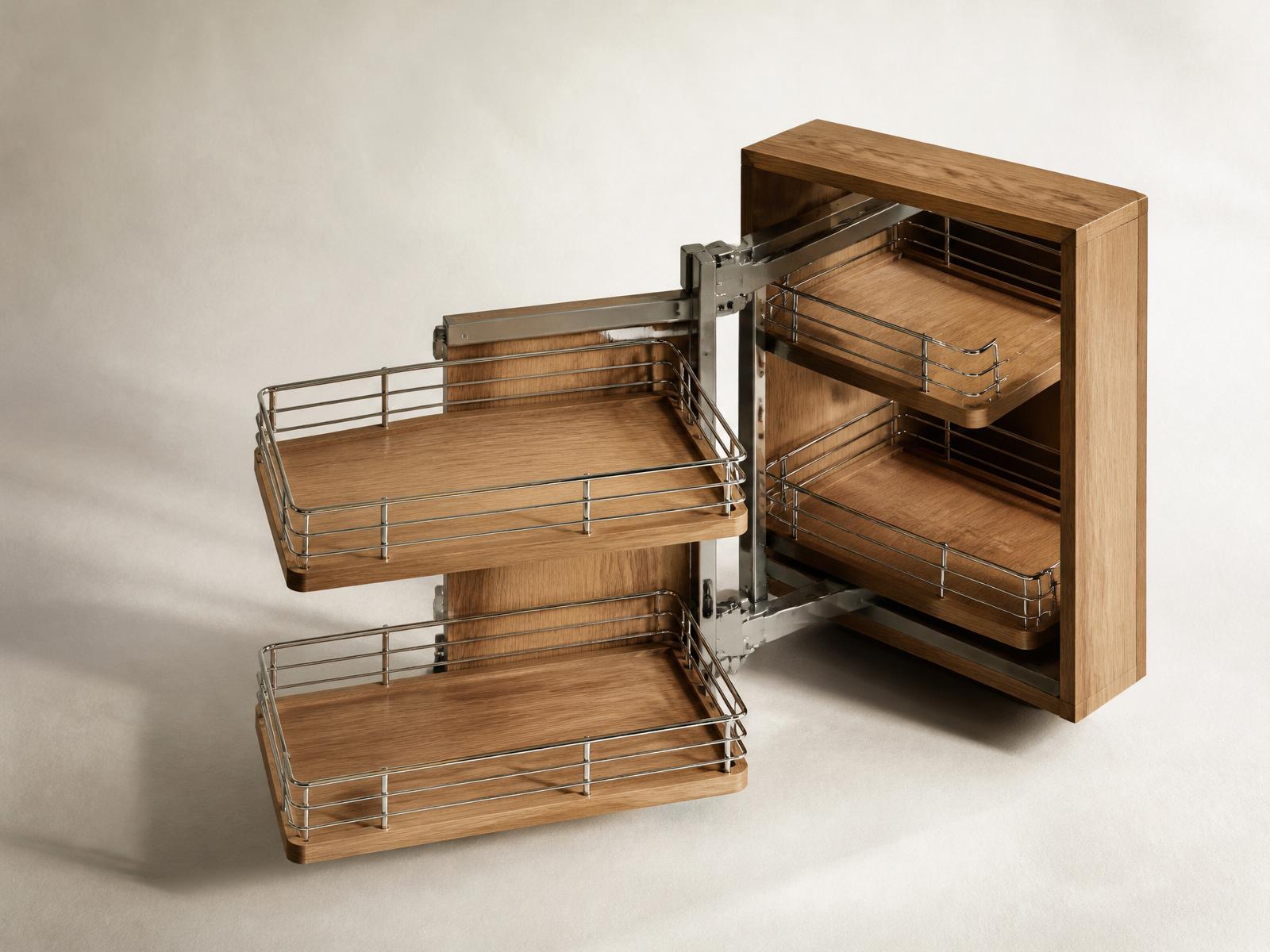 Universal Magic Corner in wooden and chrome finish, extended
