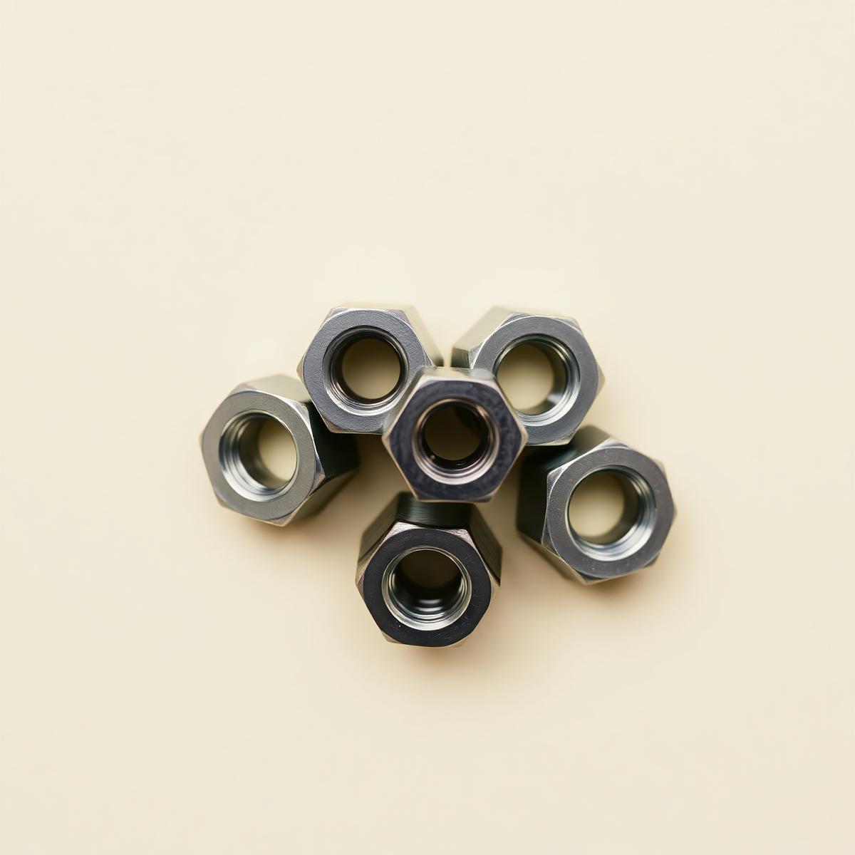 Cluster of steel hex nuts
