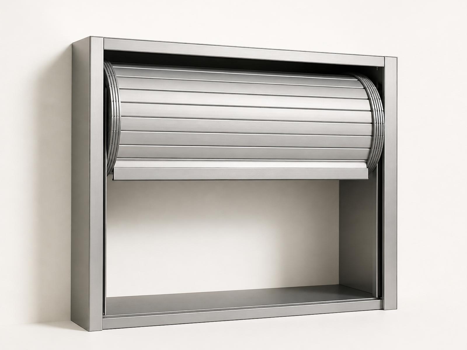 Anodized aluminium rolling shutter partially rolled up