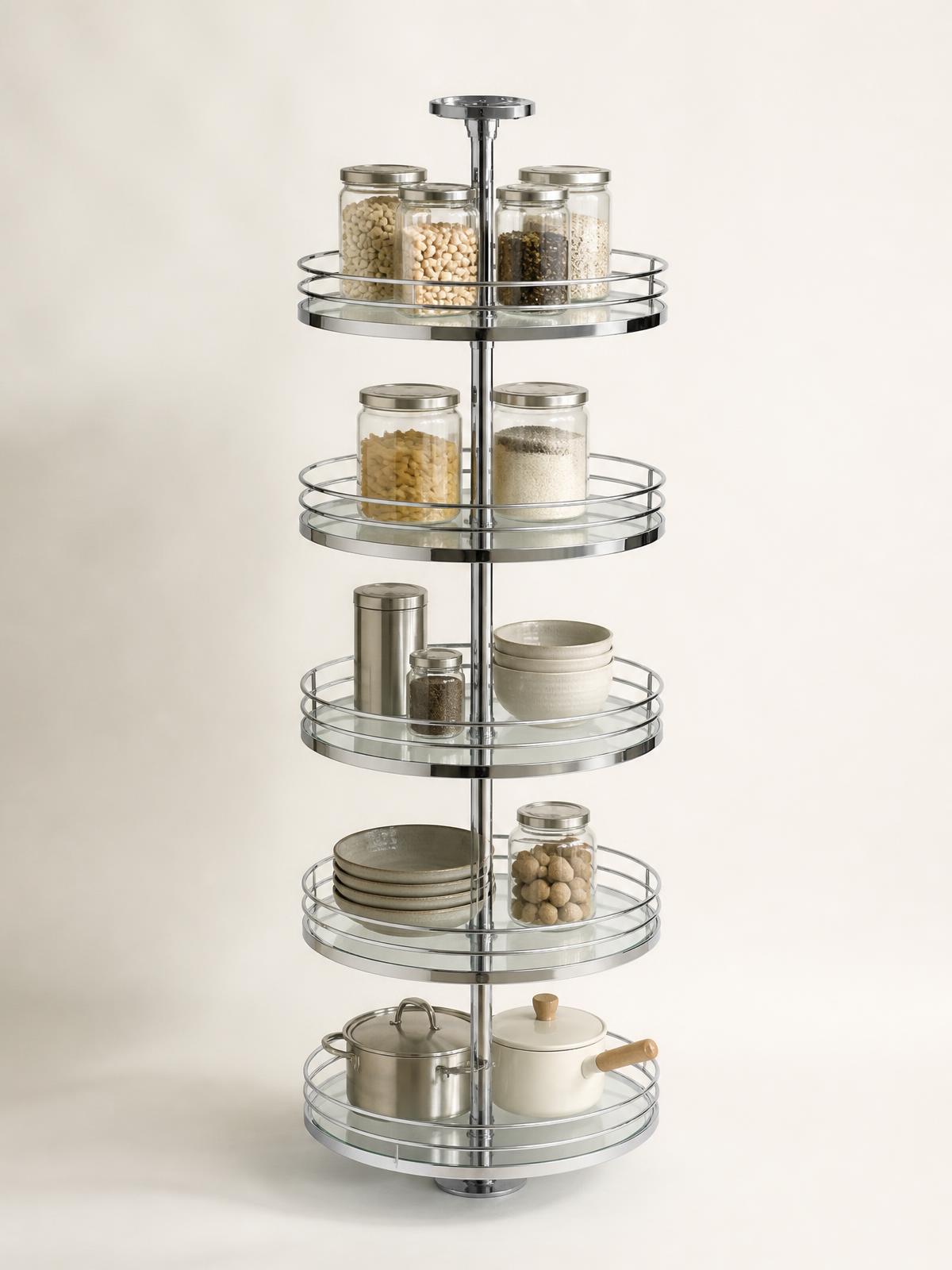 Glass rotating tall unit with five chrome-rimmed tiers