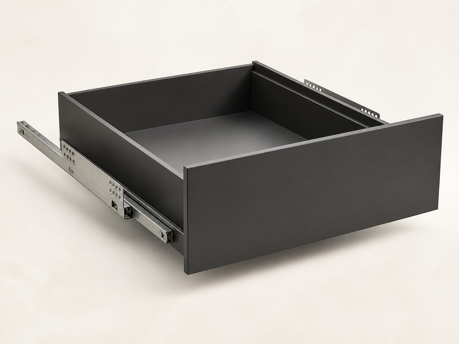 Dark grey tandem drawer system with soft-close slides, extended